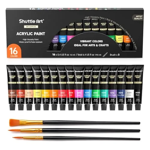 Shuttle Art Acrylic Paint Set, 16 x 12ml Tubes Artist Quality Non Toxic Rich Pigments