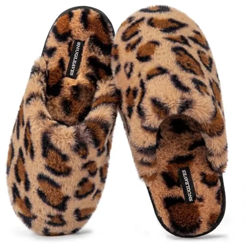 Snug Leaves Women's Scuff Slippers Fuzzy House Shoes, Cheetah Brown