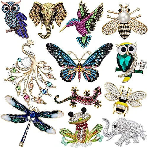 Junkin 12 Pcs Women Brooches Bulk Vintage Rhinestone Animal Pin Set