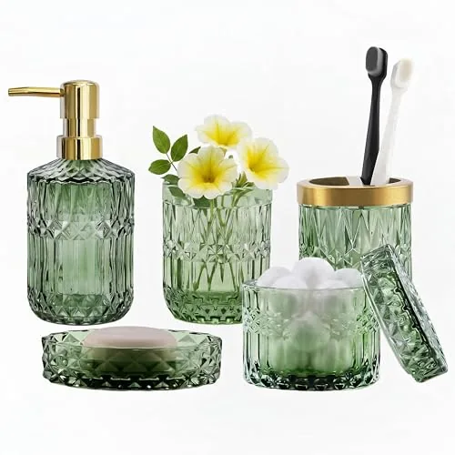 LaMarriti Green Bathroom Accessories Set, 6 Pieces, Clear Glass with Soap Dispenser