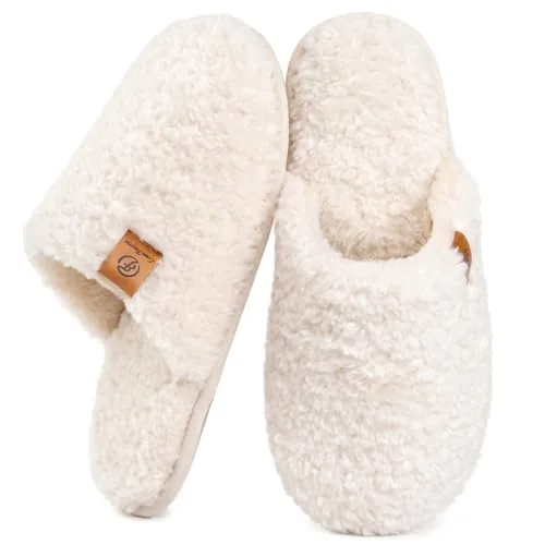 EverFoams Women's Fuzzy Slippers Cozy House Shoes, Cream White
