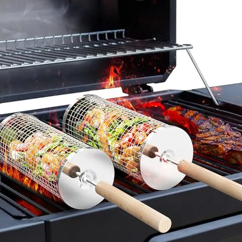 ivtivfu Rolling Grill Basket with Removable Wooden Handle