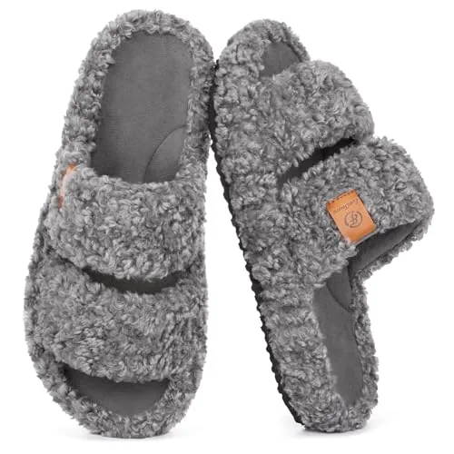 EverFoams Women's Fuzzy Open-Toe Slippers Indoor, Cool Gray