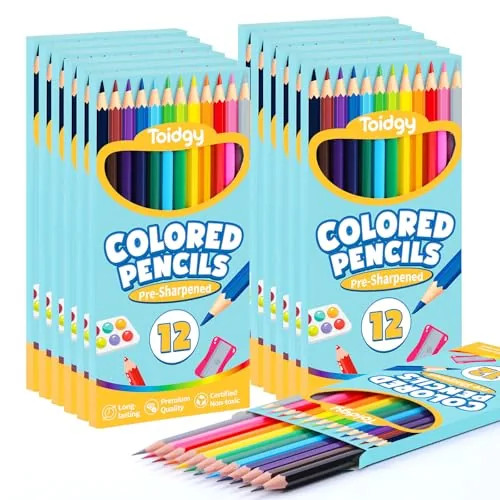 144 Count Colored Pencils for Kids, 12 Packs of 12 Colors, Pre-Sharpened