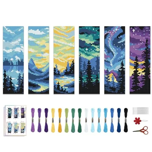 ACRNIGHEET 6 Piece Landscape Cross Stitch Bookmark Kit for Adult Beginners