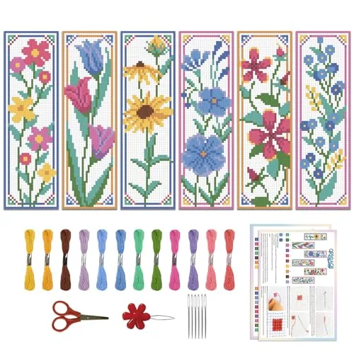 ORIGACH 6 Piece Flower Cross Stitch Bookmark Kit with Backing Felt and Floss
