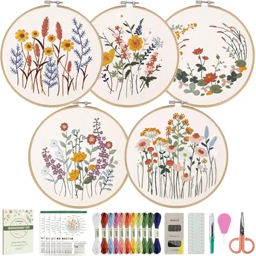 CYANFOUR 5 Pack Beginner Embroidery Kit for Adults with Video and Instruction