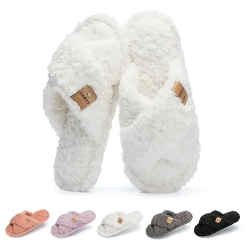 GOEWY Fuzzy Open Toe Slippers for Women Cozy Memory Foam House Shoes