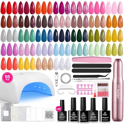 Beetles Gel Nail Polish Kit with UV Light, 55 Pieces, 32 Colors plus Drill