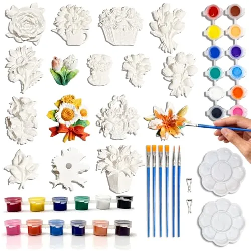 15 Pcs Plaster Painting Kit, Flower Magnet Craft Kit for Adults and Teens