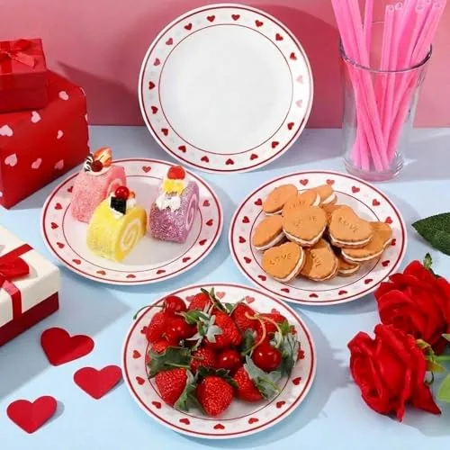 Hushee 6 Pcs Valentines Heart Ceramic Dessert Plates, 6 Inch