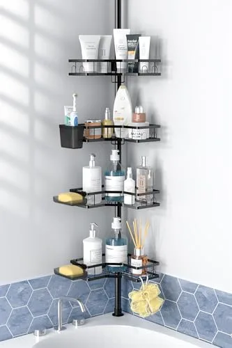 Adjustable Shower Caddy Tension Pole, Rustproof Corner Bathroom Shelves