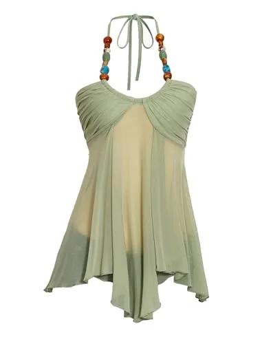 OYOANGLE Women's Boho Beaded Halter Top, Y2K Asymmetric