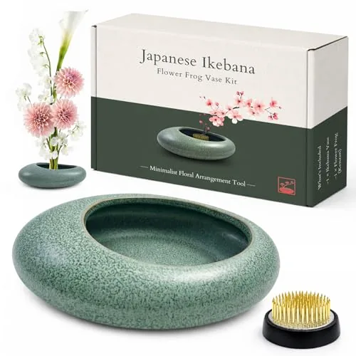Japanese Flower Frog Vase Set, Celadon Glaze Ceramic Ikebana Bowl with Kenzan