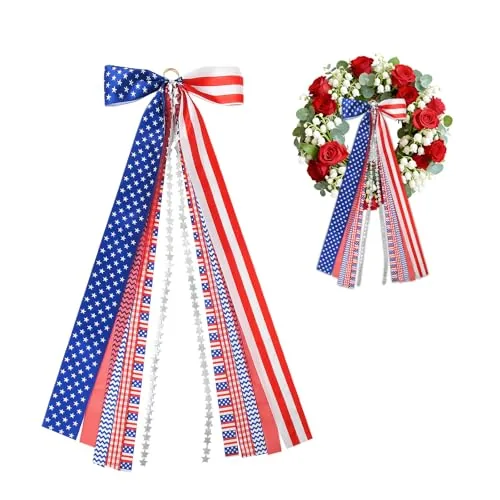 Patriotic Ribbon Wreath Bow, Red White and Blue Stars and Stripes