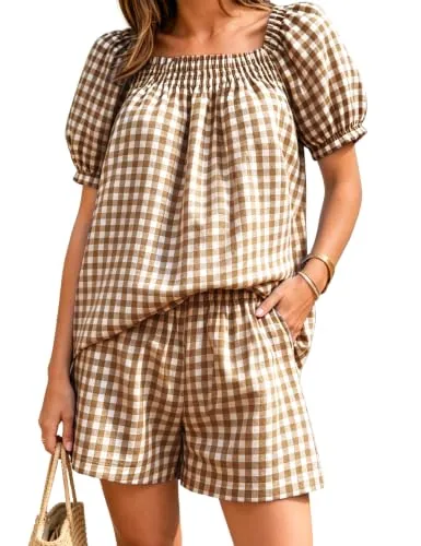 Yeokou Women's Plaid 2 Piece Puff Sleeve Smocked Set