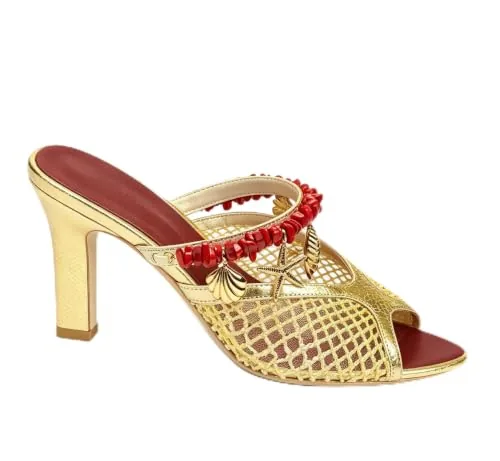 GAXUXR Beaded Peep Toe Block Heel Sandals, Mesh Shell Beading
